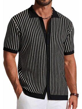 Men's Black Beige Knit Short Sleeve Button Down Polo Striped Casual Shirt